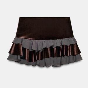 NWT zara brown COMBINATION RUFFLED MINI SKIRT. Size Small